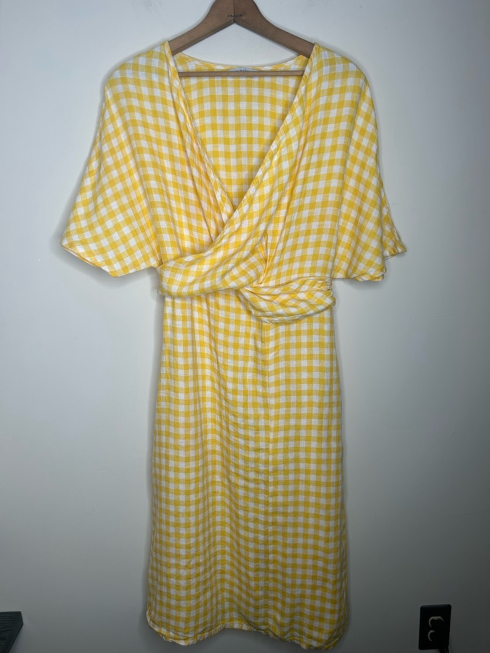 Linenfox Yellow White Gingham 100% Linen Dress Pockets Size S/M